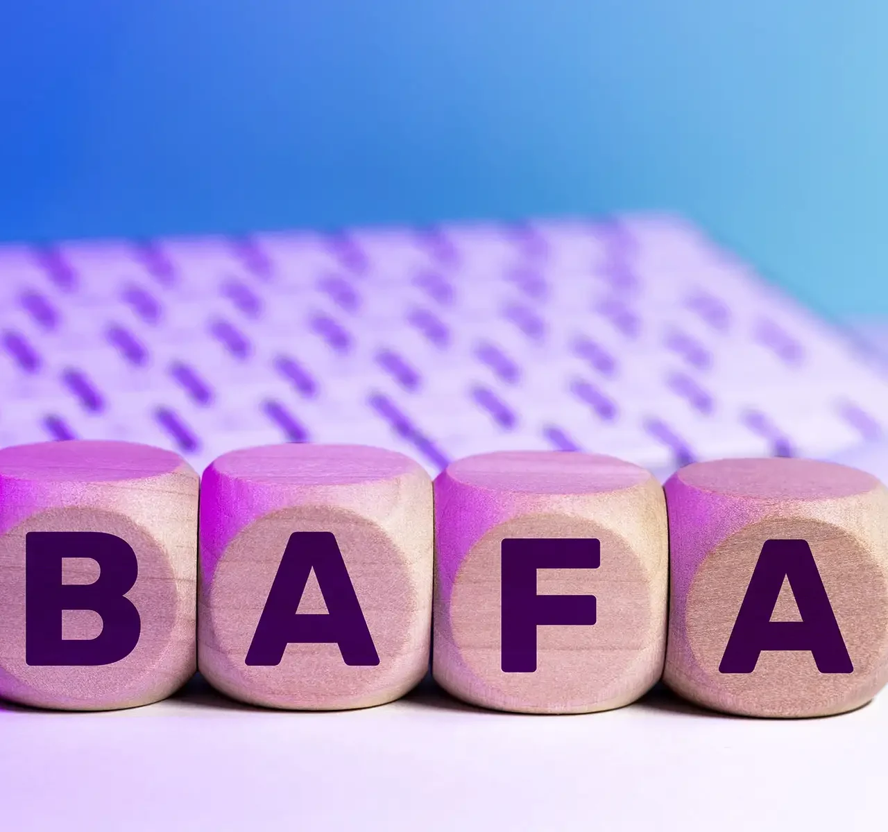 4 Holzwürfel bilden den Begriff BAFA vor einer Tastatur