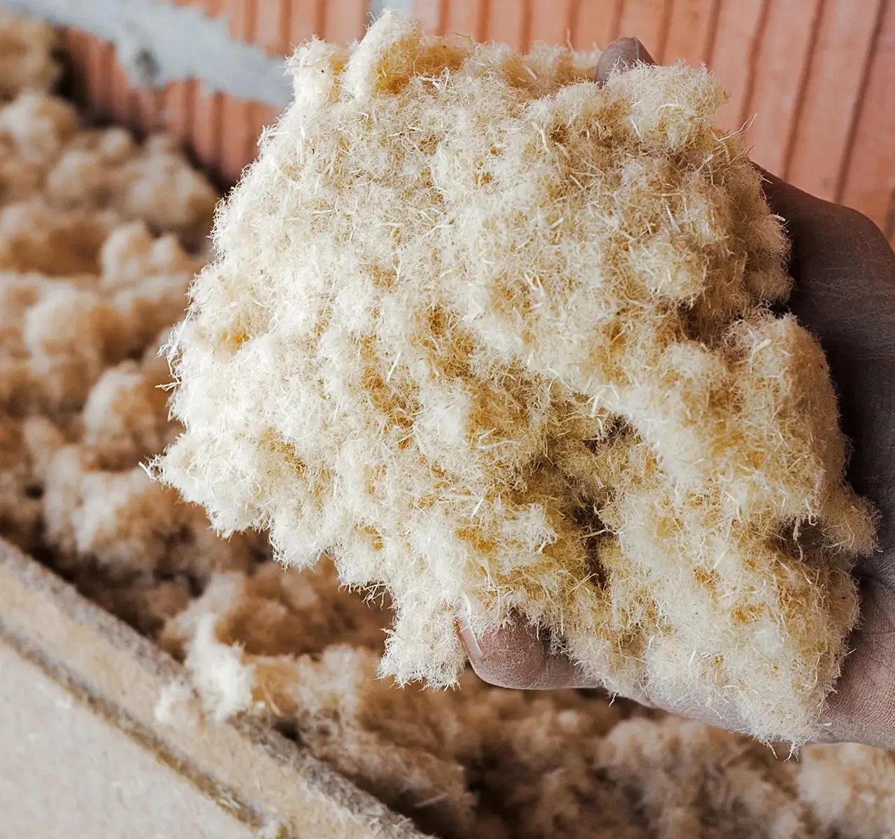 Eine Hand hält Holzfaserdämmungsmaterial