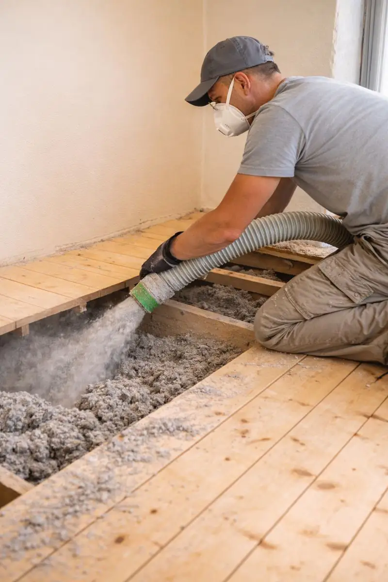 Ein Mitarbeiter bei der Dämmung eines Fußbodens