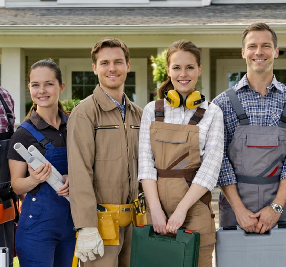 Ein Team von verschiedenen Mitarbeitern vor einem Haus das gedämmt werden muss