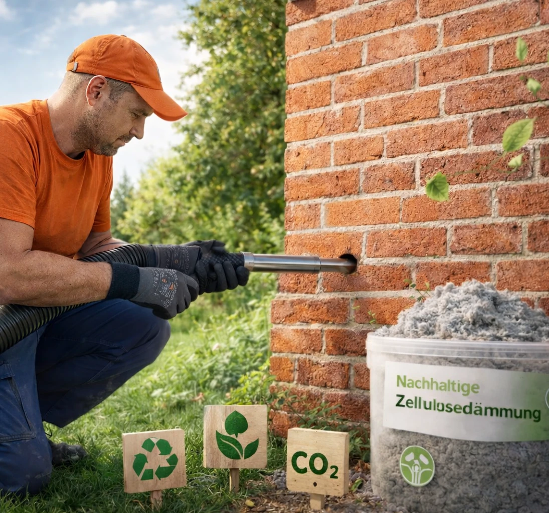 Nachhaltigkeitssymbole stehen vor einer Wand, die mit Einblasdämmung versehen wird