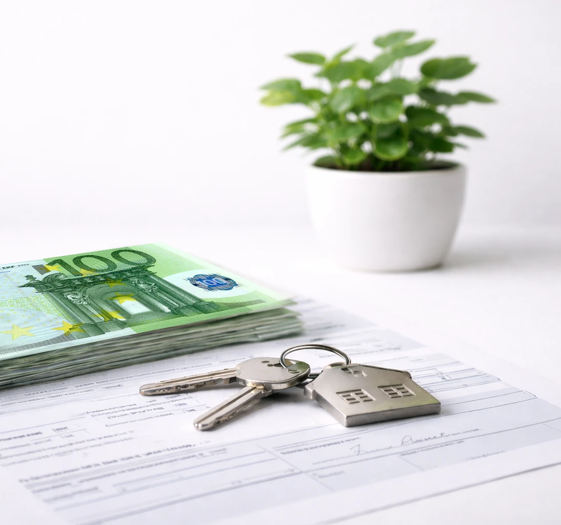 Förderungsantrag, darauf Hausschlüssel mit Schlüsselanhänger, Geldscheinstapel und Topfpflanze