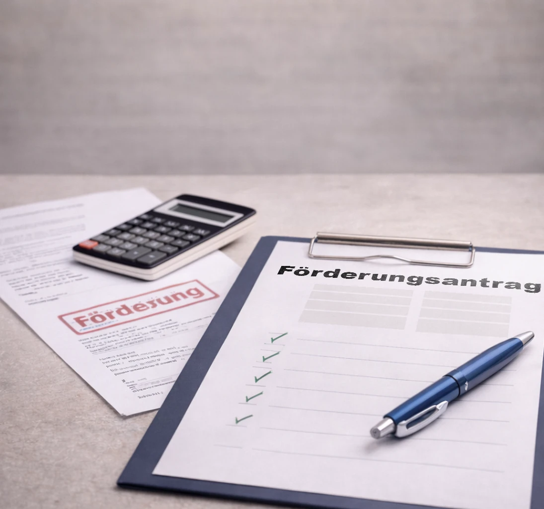 Förderantrag und Checkliste auf einem Clipboard mit Stift und Taschenrechner