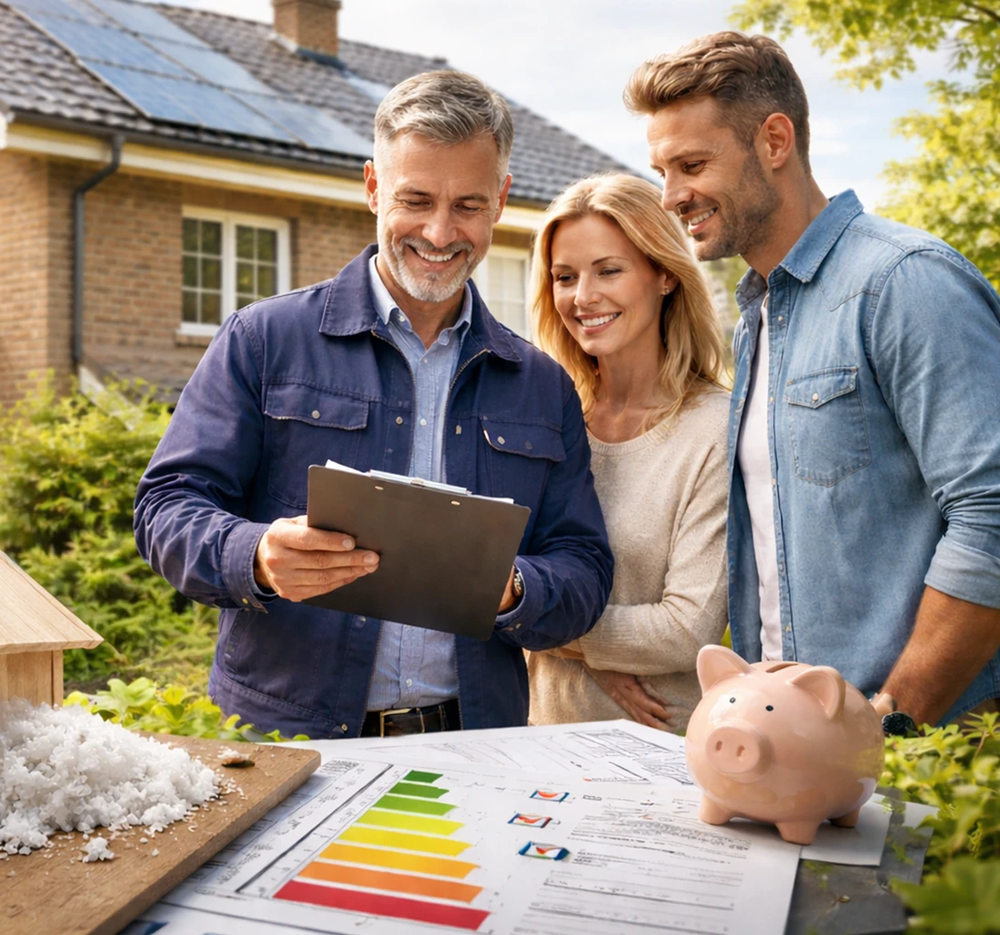 Ein Hausbesitzerpaar bei der Energieberatung zum Thema Einblasdämmung vor ihrem Haus