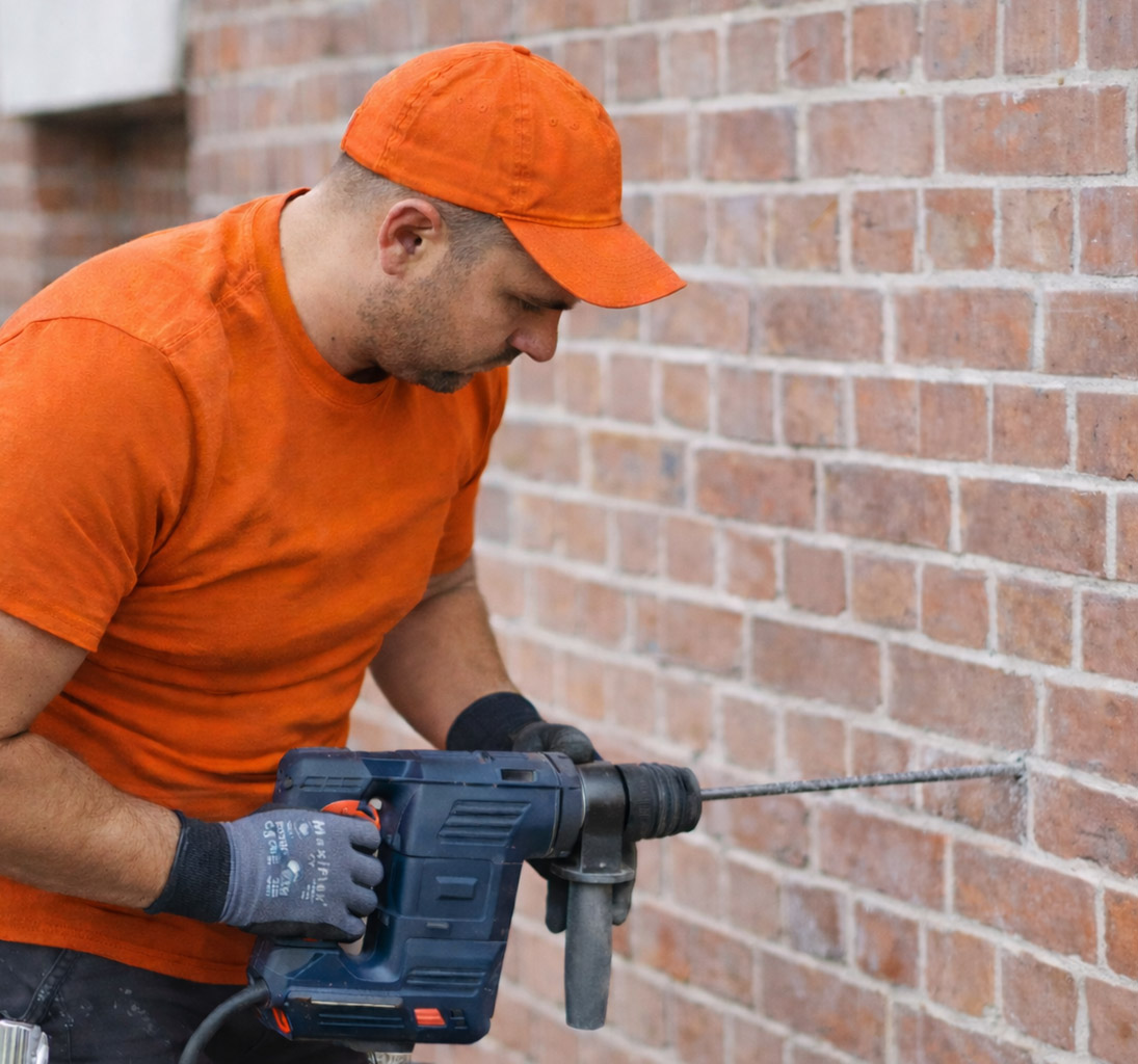 Ein Mitarbeiter bei der Bohrung eines kleinen Lochs in die Außenwand für die Einblasdämmung