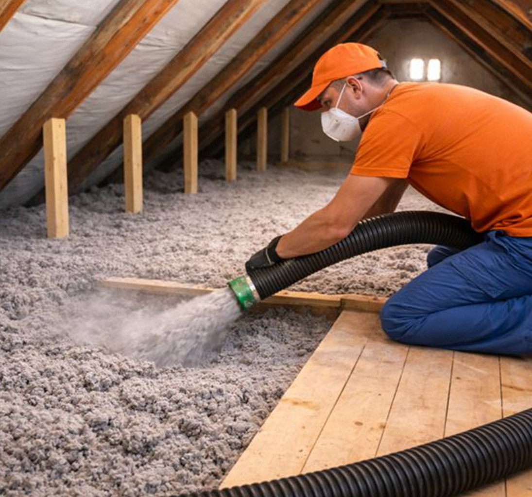 Ein Mitarbeiter bei der Einblasdämmung einer Decke